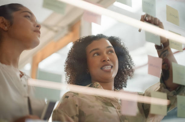 istock Business people, women and writing on sticky notes for brainstorming, planning and mind map of our vision on glass window. Teamwork, employee and information for strategy, agenda and project reminder 2063448143