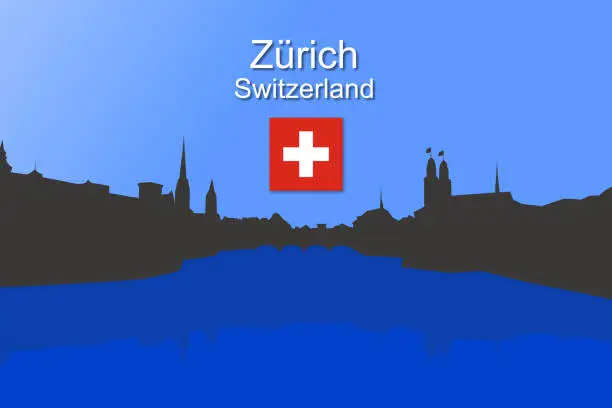 Vector illustration of Swiss City of Zürich in silhouette with river and skyline and flag of Switzerland.