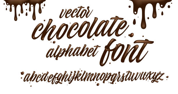 Latin alphabet made of dark melted chocolate. Decorative Typeface. Latin alphabet made of dark melted chocolate with border. Liquid font style. Vector. marshmallow chocolate stock illustrations