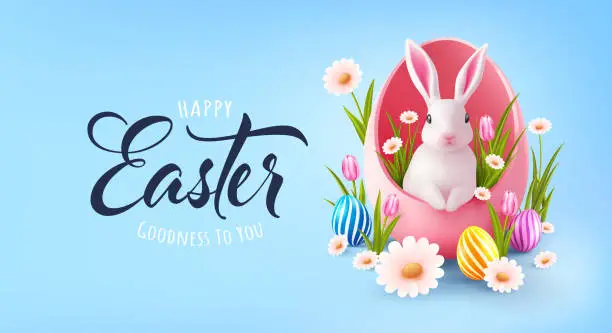 Vector illustration of Easter poster and banner template with a white rabbit inside a pink egg ,Colorful Eggs , tulips, daisies and Spring Flowers on Blue Background for Easter Day.Promotion and shopping template for Easter