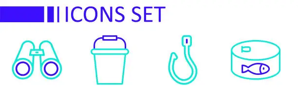 Vector illustration of Set line Canned fish, Fishing hook, bucket and Binoculars icon. Vector