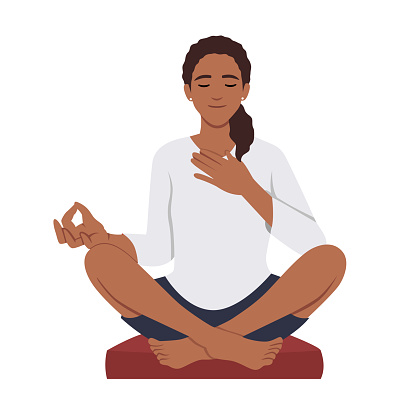 Happy woman with closed eyes sitting in lotus position practicing yoga. Flat vector illustration isolated on white background