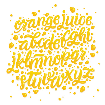 Orange Juice Typeface. Honey font isolated on white background. Yellow typeface. English liquid and glossy alphabet.