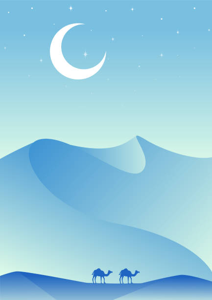 istock Desert blue landscape, night dunes illustration. Boho wall decor with wild camels. 2063508406
