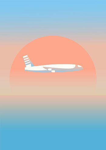 Plane flies in morning sunrise time gradient illustration. An airplane in the sky with setting sun. Minimalistic background template. Modern art. Childish design for wall art, print and fabric.
