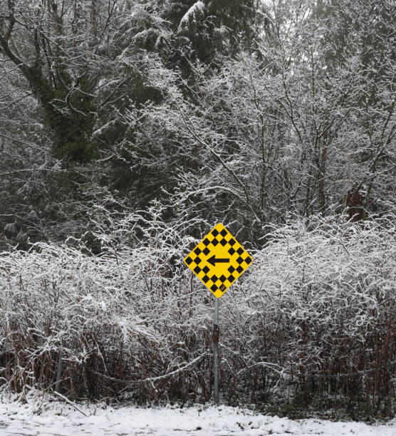 A road warning sign with a left directional arrow. Background shows the edge of an urban rainforest in southwestern British Columbia.