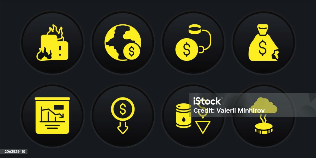 Set Pie Chart Infographic Money Bag Dollar Rate Decrease Drop Crude Oil ...