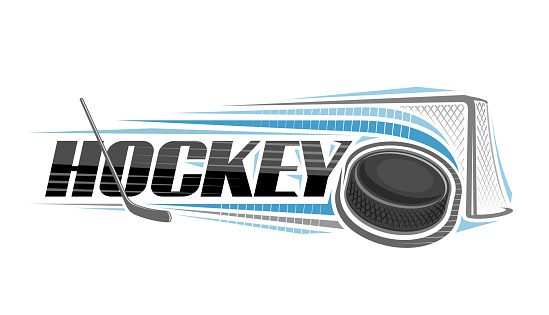 Vector logo for Ice Hockey, decorative horizontal banner with outline illustration of hitting hockey puck, thrown on trajectory in goal on white background and unique lettering for blue word hockey