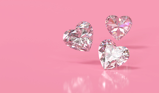 Heart shape diamonds placed on glossy pink background 3d Rendering