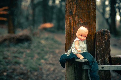 Close up image depicting a child's doll, dirty and muddy, abandoned by a wooden gate in a dark and atmospheric forest.