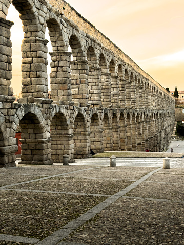 Roman aqueduct in Segovia, Spain. Rock blocks.