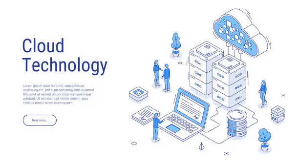 Vector illustration of Concepts cloud storage isometric. Online Computing Storage 3D isometry concept. Cloud computing or storage vector illustration. Online computing technology. Cloud data storage 3d isometric.