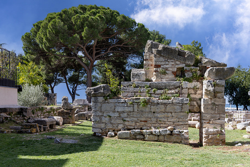 Porec, Croatia, Istria - September 25, 2023: Remains of Neptune Temple dedicated to god of the sea. It is 1st century roman temple