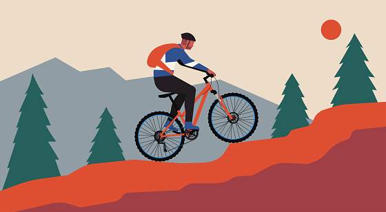 Man Ride a Bike on Mountain Ridge, Extreme Outdoor Sport Concept, Vector Flat Illustration