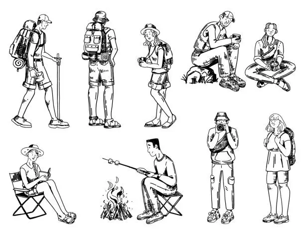 Vector illustration of Campers sketches collection. Doodle set of various people during hiking, camping. Hand drawn vector illustrations in engraving style.