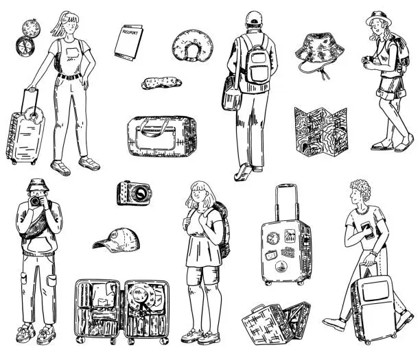 Vector illustration of Journey doodles collection. Sketches set of people traveling, trip attributes, luggage, accessories. Vector illustration in engraving style isolated on white.