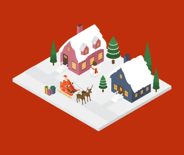 Vector illustration of Santa Claus on a Sleigh with Reindeer Rides Through the Yard and Delivers Gifts on New Year's Eve