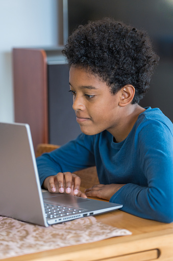 African American boy using laptop and doing homework