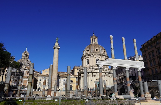 View of emperor Trajan’s forum, his column, ruins of the Christian Basilica Ulpia and the church of the Most Holy Name of Mary (Santissimo Nome di Maria al Foro)