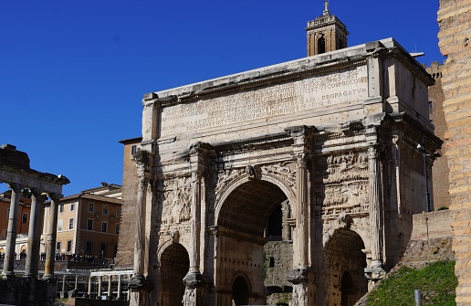The triumphal arch of Roman emperor Septimius Severus in the Forum of Rome in Italy