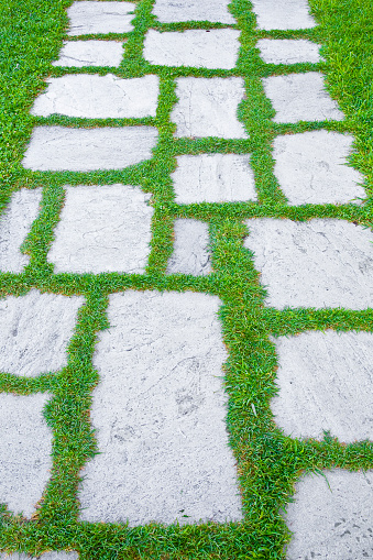 Old paving in a public park made with irregularly shaped stone blocks in a pedestrian zone and fresh green lawn