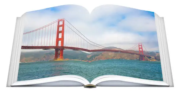 Photo of Golden Gate Bridge, the symbol of San Francisco city - California - USA - Real opened book concept