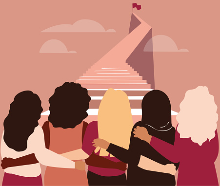 Women of different ethnicities stand side by side together while climbing highly on the stairs. Females support each other to reach their objective. Vector stock