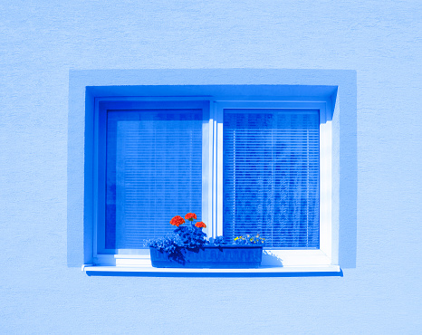 Part of wall with a window in blue and cyan tones. Outside, there are potted flowers growing on the windowsill in front of the window.