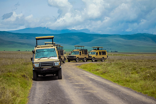 Arusha,Tanzania,Africa. 04.02.2022. several special safari jeeps stand on the road in Ngorongoro National Park in Africa against backdrop of volcano crater funnel. Safari game drive with wildebeest