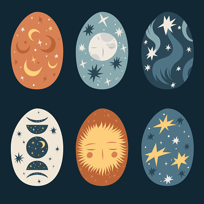 Hand drawn Easter set abstract boho eggs with moon, sun, stars isolated on white background. Vector illustration. Design for pattern, logo, invitation, greeting card