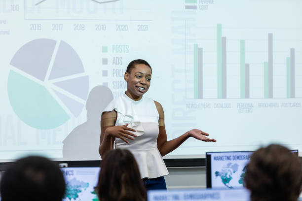 istock Young adult female university student gestures while presenting to the class 2063789118