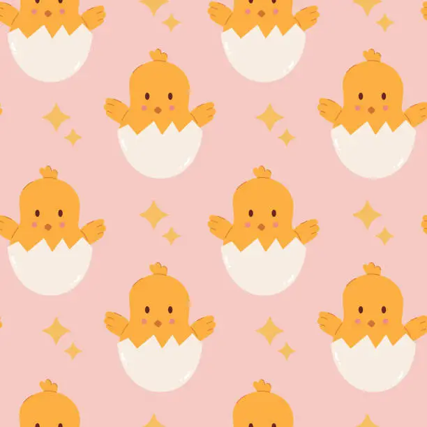 Vector illustration of Seamless pattern with a cute chicken in an eggshell.