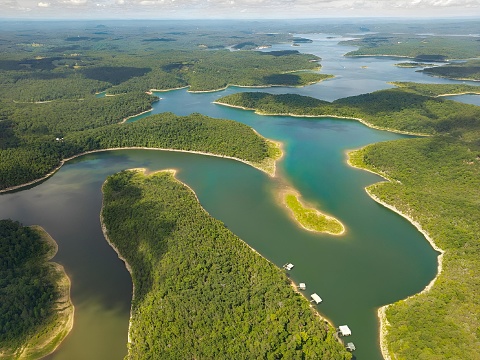An aerial view of Norfork Lake from above, USA.