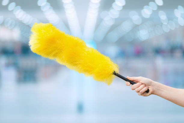 A hand shows a cleaning brush against a blurred background. Cleaning concept.