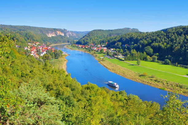 Elbe sandstone mountains, river Elbe and ship with town Wehlen