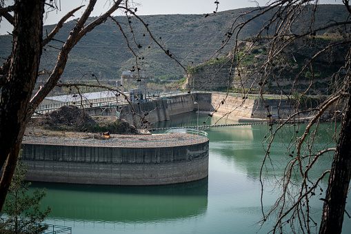 Panoramic view of Dam, summer drought