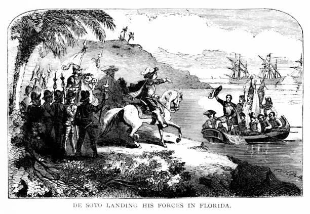 ilustrações, clipart, desenhos animados e ícones de de soto ships land na flórida, américa do norte, história mundial do século 16 - hernando desoto
