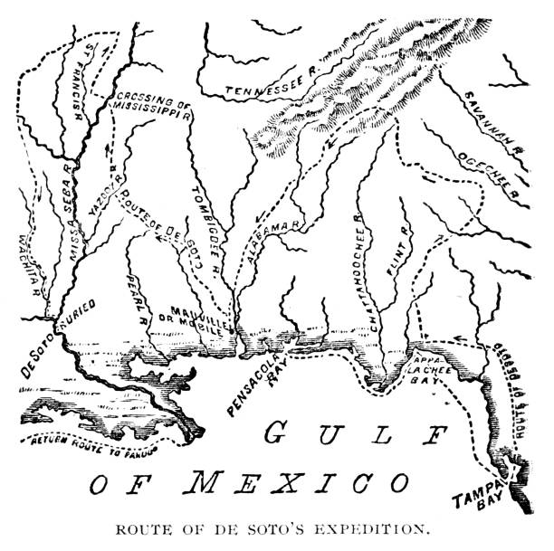 ilustrações, clipart, desenhos animados e ícones de mapa da rota de exploração de de soto do sudeste dos estados unidos, história americana do século 16 - hernando desoto