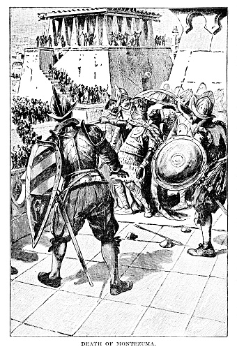 Aztec Emperor dies a confrontation with Spanish soldiers in Mexico.  It is unknown if he died from that encounter, or from head wounds when his own tribe threw stones at him. Illustration published 1895. Copyright expired; artwork is in Public Domain. Digitally restored.
