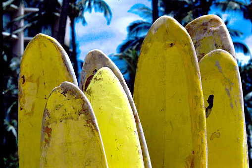 Surfboards on the island of Oahu, in the state of Hawaii, from old camera film in 1987.