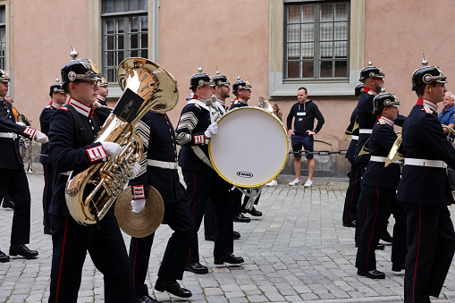 Stockholm, Sweden - June 26, 2023: Changing of the Guard ceremony at the Royal Palace in Stockholm, Sweden