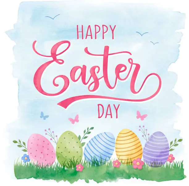 Vector illustration of Happy Easter watercolors greeting card with watercolor decorated eggs and flowers on white backgrounds.