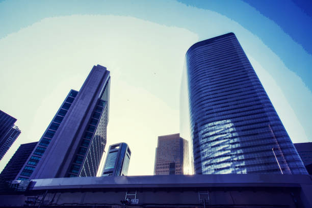 Fantastic Skyscrapers  in downtown  low angle view on Tokyo. Toned image