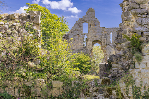 Jervaulx, Ripon, North Yorkshire, England, Great Briton, United Kingdom. April 30, 2022. Ruins of Jervaulx Abbey, a 12th century Cisternian monastery.