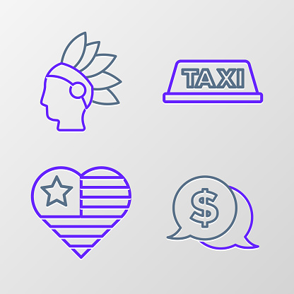 Set line Coin money with dollar USA Independence day Taxi car roof and Native American Indian icon. Vector.