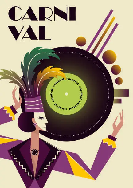 Vector illustration of Abstract retro poster with carnival queen. Masquerade card with costumed character. Theater poster. Flat vector illustration.