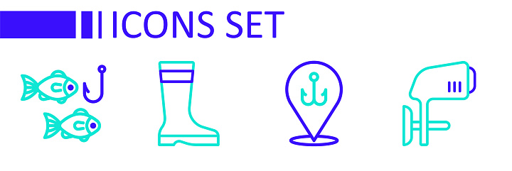 Set line Outboard boat motor Fishing hook boots and with fish icon. Vector.