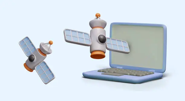 Vector illustration of Satellite communication. 3D open laptop, space stations with solar panels