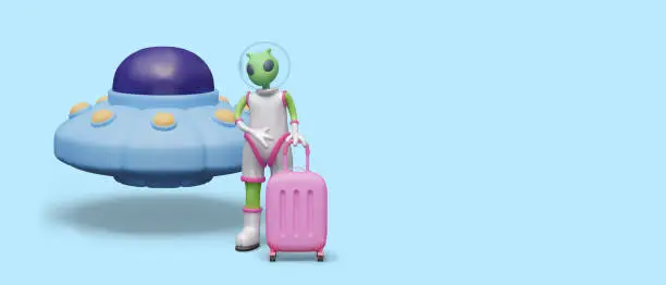 Vector illustration of Space travel. Alien is standing with suitcase near flying saucer. Unusual tours