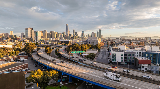 Aerial Sunrise photo of downtown San Francisco with highway 101 in the foreground.
